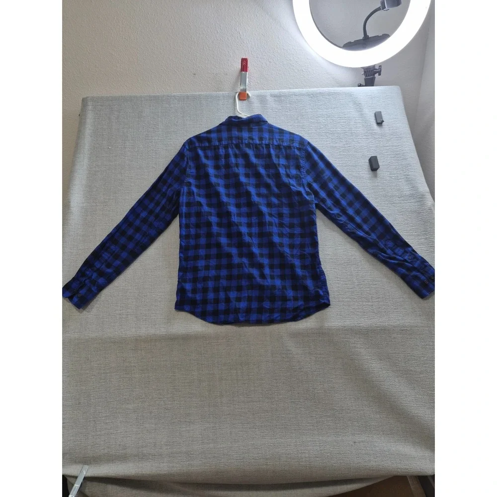 Banana Republic Shirt Men Medium Blue Black Buffalo Check Untucked Fit Button UP